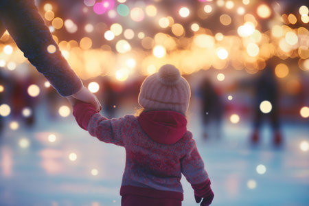 Young girl learning to ice skate at a Christmas market, holding her mother's hand for supportの素材