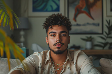Portrait of a stylish young Dominican man with curly hair and a beard relaxing at homeの素材