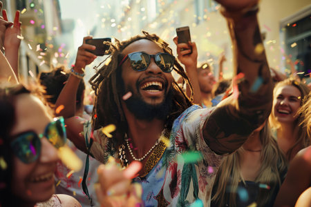 Young man with dreadlocks is taking a selfie while dancing with friends at an outdoor music festivalの素材