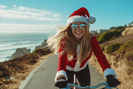 Blonde woman wearing a santa claus costume, sunglasses, and gloves is smiling while riding a bicycle on a coastal roadの素材