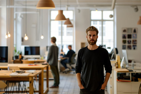 Bearded creative director is standing in his busy startup office with his team working in the backgroundの素材