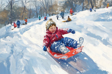 Young boy laughs while sledding down a snowy hill in the park, enjoying a winter day outdoorsの素材