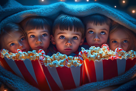 Five children hiding under a blanket and holding boxes of popcorn while watching a movie at nightの素材