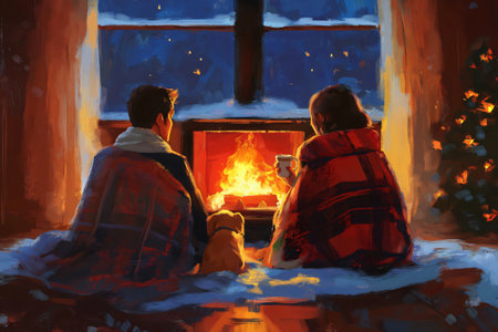 Romantic couple relaxing by the fireplace, drinking hot beverages and enjoying the snowy night view from their windowの素材