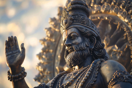 Bronze statue of Indra the king of the gods raising his hand in a gesture of blessing with a blurred backgroundの素材