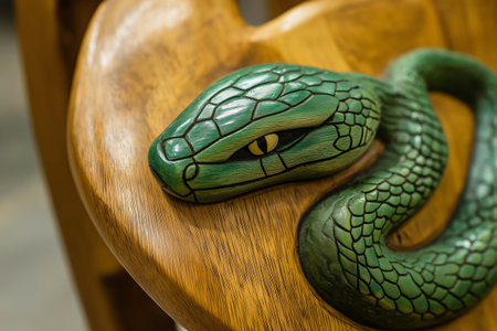 Close up of a green wooden snake sculpture decorating a piece of furniture, showcasing craftsmanship and artistryの素材