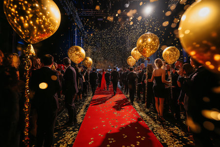 Elegant guests are walking a red carpet at a party while golden confetti is falling from the ceilingの素材