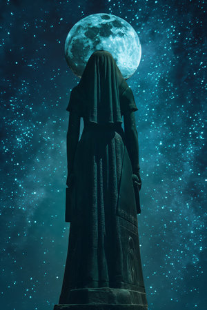 Ancient Egyptian goddess statue standing with its back to the viewer, illuminated by the light of the moon and starsの素材