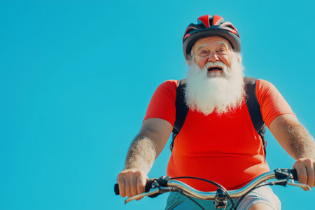 Active man with a white beard is riding his bicycle outdoors on a sunny day, enjoying his retirementの素材