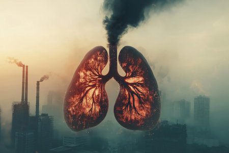 Industrial factory smokestacks emitting pollution into the atmosphere over a city are damaging human lungsの素材