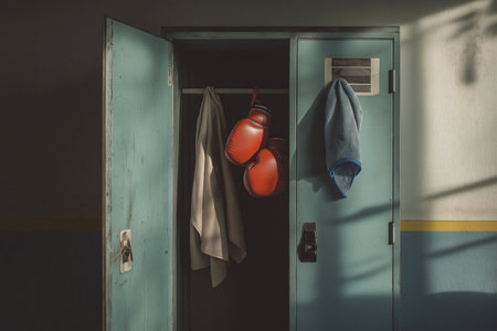 Open and worn out locker with boxing gloves hanging inside a gym, lit by a warm afternoon lightの素材