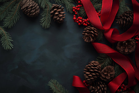 Christmas decoration border with pine cones, fir branches and red ribbon on dark background creating a frame with copy spaceの素材