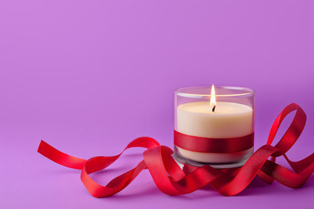 White scented candle is burning, decorated with a red ribbon, on a vibrant purple backgroundの素材