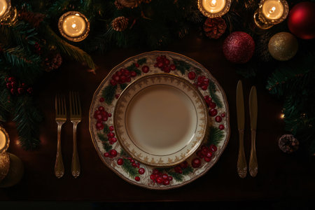 Elegant Christmas table setting with empty plate, golden cutlery, candles and fir branches is awaiting the holiday dinnerの素材