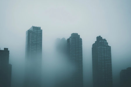 Dense fog is covering a group of buildings in the city during a cold morning, only some parts are visibleの素材