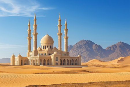 Ornate mosque with towering minarets standing in a vast desert landscape, showcasing Islamic architecture against a backdrop of sand dunes and mountainsの素材