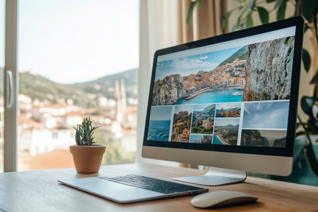 Modern computer displaying travel pictures of an Italian cityscape on a desk with a laptop and a succulent plantの素材