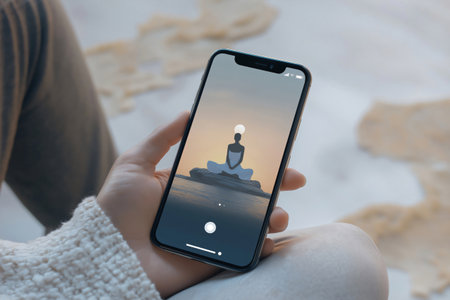 Woman is holding a smartphone showing a guided breathing exercise from a mindfulness appの素材