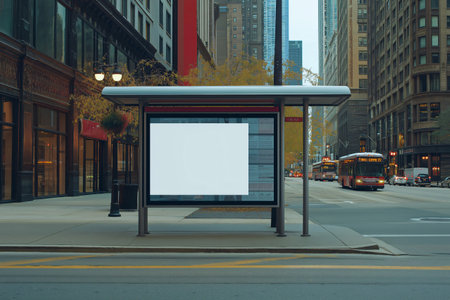 Customizable blank billboard mockup on a bus stop shelter with buses driving in the background, offering advertising opportunities in an urban environmentの素材