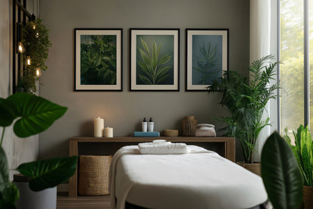 Relaxing massage room is waiting with a treatment table, aromatherapy candles, and lush green plantsの素材