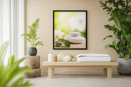Modern and minimalist spa waiting room with a wooden bench, plants, and a picture of stones and leaves, creating a peaceful and relaxing atmosphereの素材