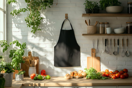 Customizable black apron mockup hanging in a bright kitchen with fresh vegetables, herbs, and cooking utensilsの素材