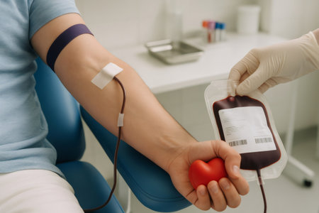 Doctor holding a blood bag while standing next to a patient donating blood, squeezing a red heart symbol in a hospital settingの素材