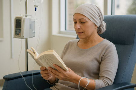 Serene patient finds solace in reading during chemotherapy treatment, showing strength and resilience in the face of illnessの素材