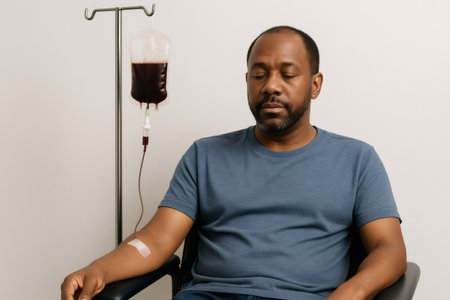Man resting with eyes closed while receiving a blood transfusion in a medical environment, surrounded by healthcare equipment and careの素材