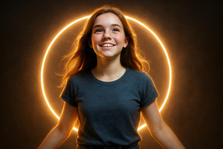 Portrait capturing a cheerful young woman with long hair, glowing under a bright LED circle light, radiating joy and positivityの素材