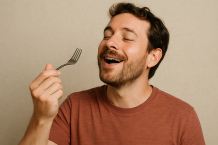 Young man enjoying imaginary meal, holding fork with closed eyes and savoring taste, against plain backgroundの素材