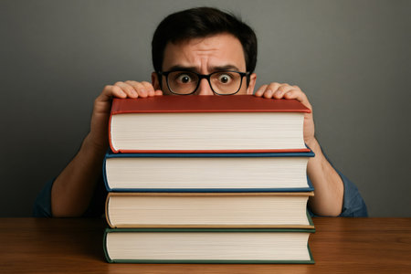 Nerdy student with eyeglasses peeking over a tall stack of books, showcasing a humorous expression filled with surprise and curiosityの素材
