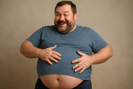 Laughing joyfully, an overweight man is patting his large belly, embodying humor and cheerfulness in a studio settingの素材