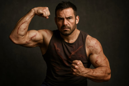 Muscular man flexing his impressive strength, revealing scars against a dramatic dark background, embodying power and resilienceの素材