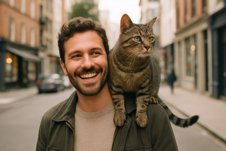 Happy man strolling through the city streets, enjoying the sunshine with his affectionate tabby cat perched comfortably on his shouldersの素材