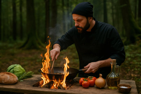 Professional chef skillfully prepares meal over open fire, surrounded by fresh ingredients in tranquil forest environmentの素材