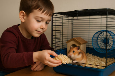 Young boy feeding a pet hamster in its cage, demonstrating care and responsibility while enjoying a playful moment in childhoodの素材