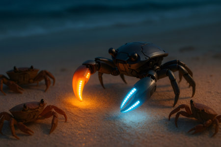 Robotic crab with glowing claws meeting real crabs on a sandy beach at night, artificial intelligence conceptの素材