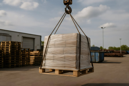Industrial crane lifting a pallet wrapped in plastic with cardboard boxes in a warehouse or storage facilityの素材