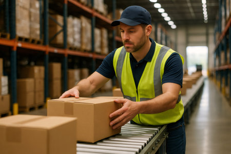 Warehouse worker inspecting cardboard boxes on a conveyor belt within a bustling distribution center, ensuring efficient sorting and logisticsの素材