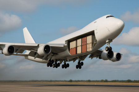 White cargo airplane taking off with nose door open, revealing containers inside, ready for international transportの素材