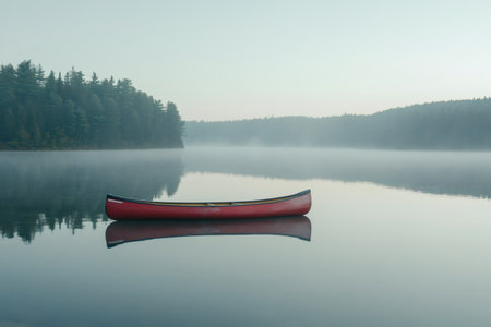 Red canoe floating on perfectly still water with misty forest reflected in the lake surface at dawnの素材