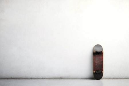 Used skateboard leaning against a large, empty white wall in a gray room, creating a minimalistic and urban atmosphereの素材