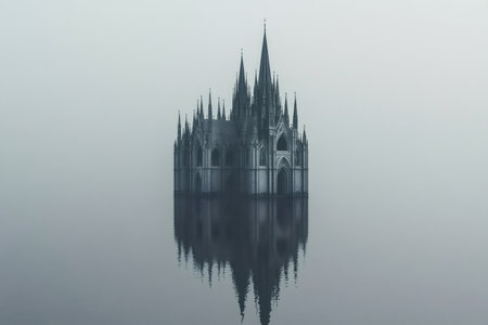 Dark and mysterious gothic cathedral reflected in water during foggy day, creating a surreal and evocative atmosphereの素材