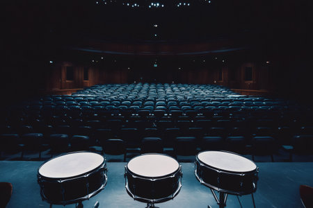 Three drums positioned on an empty stage within a dark theater, awaiting the energy of an eager audience filling the seatsの素材