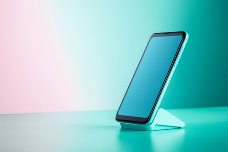 Turquoise smartphone is standing on a matching support, showcasing its sleek design against a gradient pastel pink and turquoise backdropの素材