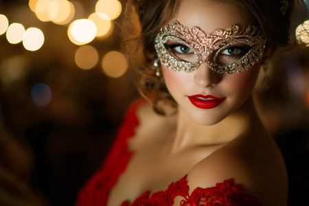 Close up portrait of an attractive woman wearing a beautiful venetian carnival mask with red lipstick and a red dressの素材