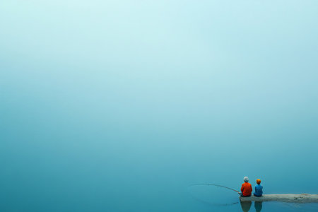 Grandmother and grandchild enjoying a peaceful fishing trip on a misty lake, creating a serene and minimalist sceneの素材