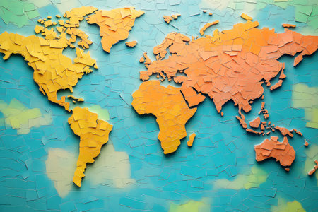 World map made of yellow and orange sticky notes over a blue background, representing global communication and teamworkの素材