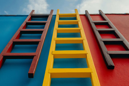Three ladders are leaning on a colorful wall leading to the blue sky with some cloudsの素材